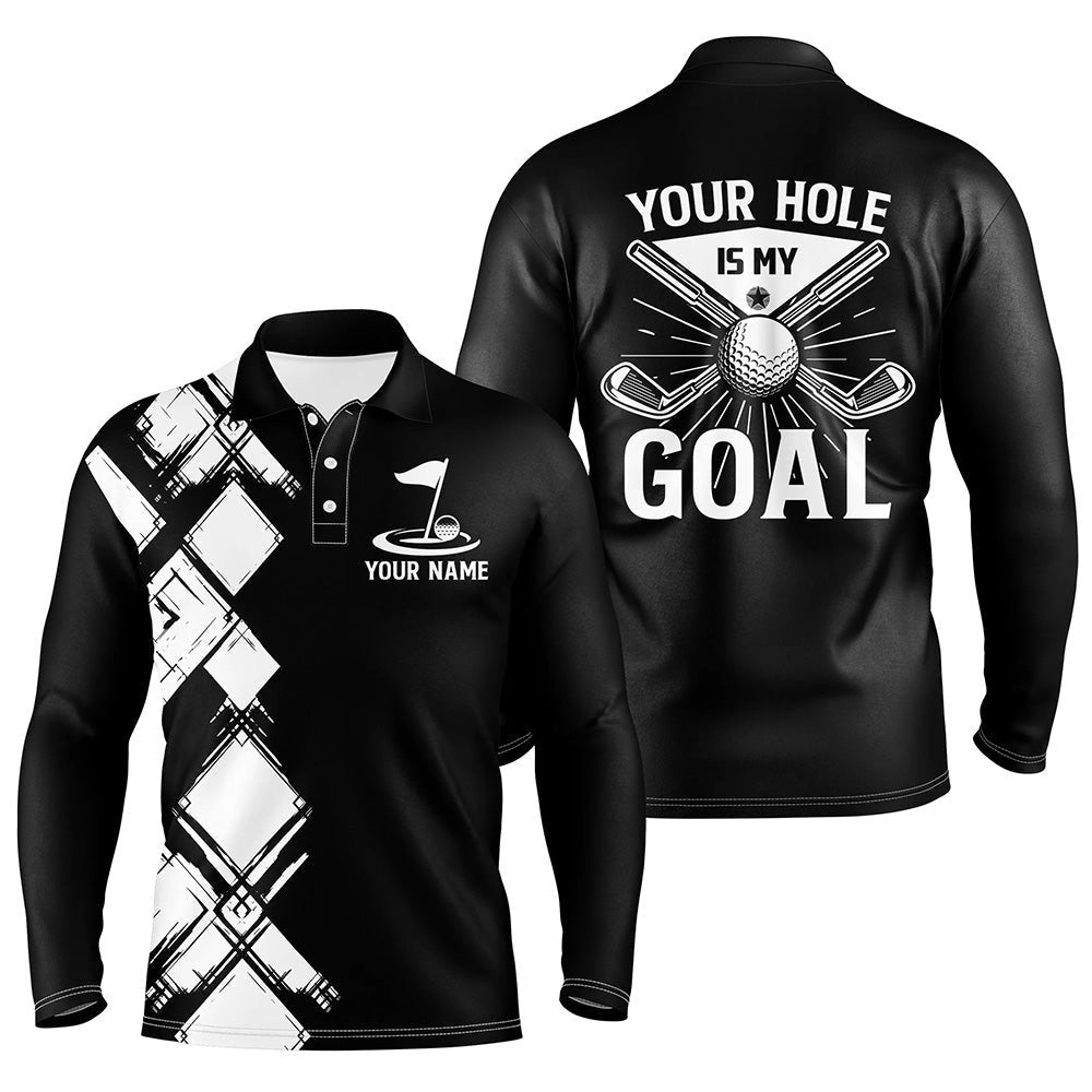 Golf Polo Shirts, Black And White Argyle Pattern Men Golf Polo Shirts Custom Golf Outfits Men Your Hole Is My Goal, Custom Golf Shirts