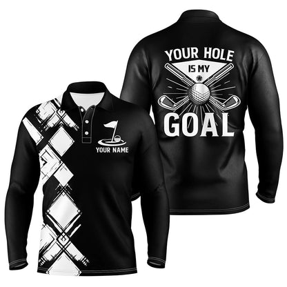 Golf Polo Shirts, Black And White Argyle Pattern Men Golf Polo Shirts Custom Golf Outfits Men Your Hole Is My Goal, Custom Golf Shirts