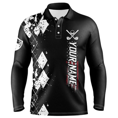 Golf Polo Shirts, Black And White Argyle Plaid Golf Shirt Mens Golf Clubs Custom Name Mens Polo Golf Apparel, Custom Golf Shirts