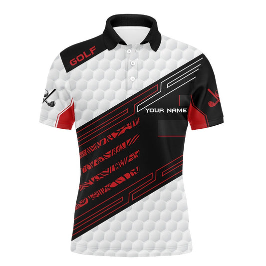 Golf Polo Shirts, Black And White Golf Ball Pattern Mens Golf Polo Shirts Custom Golf Outfit Men Red, Custom Golf Shirts