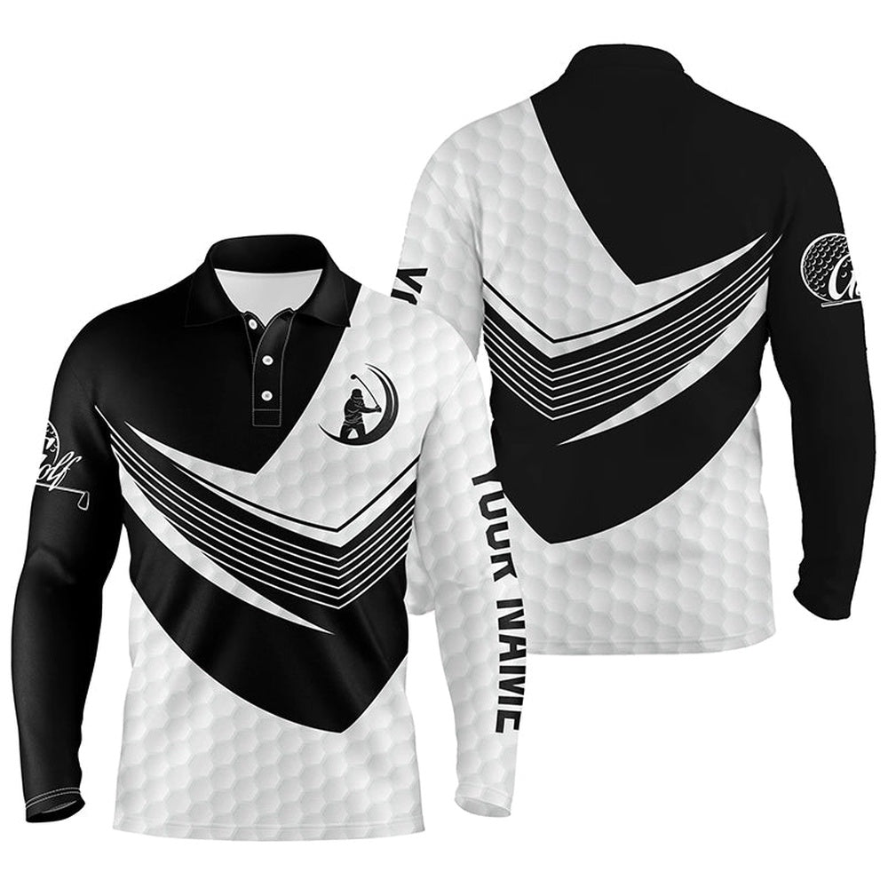Golf Polo Shirts, Black And White Golf Balls Skin Custom Name Short Sleeve, Long Sleeve Golf Polos For Mens, Custom Golf Shirts