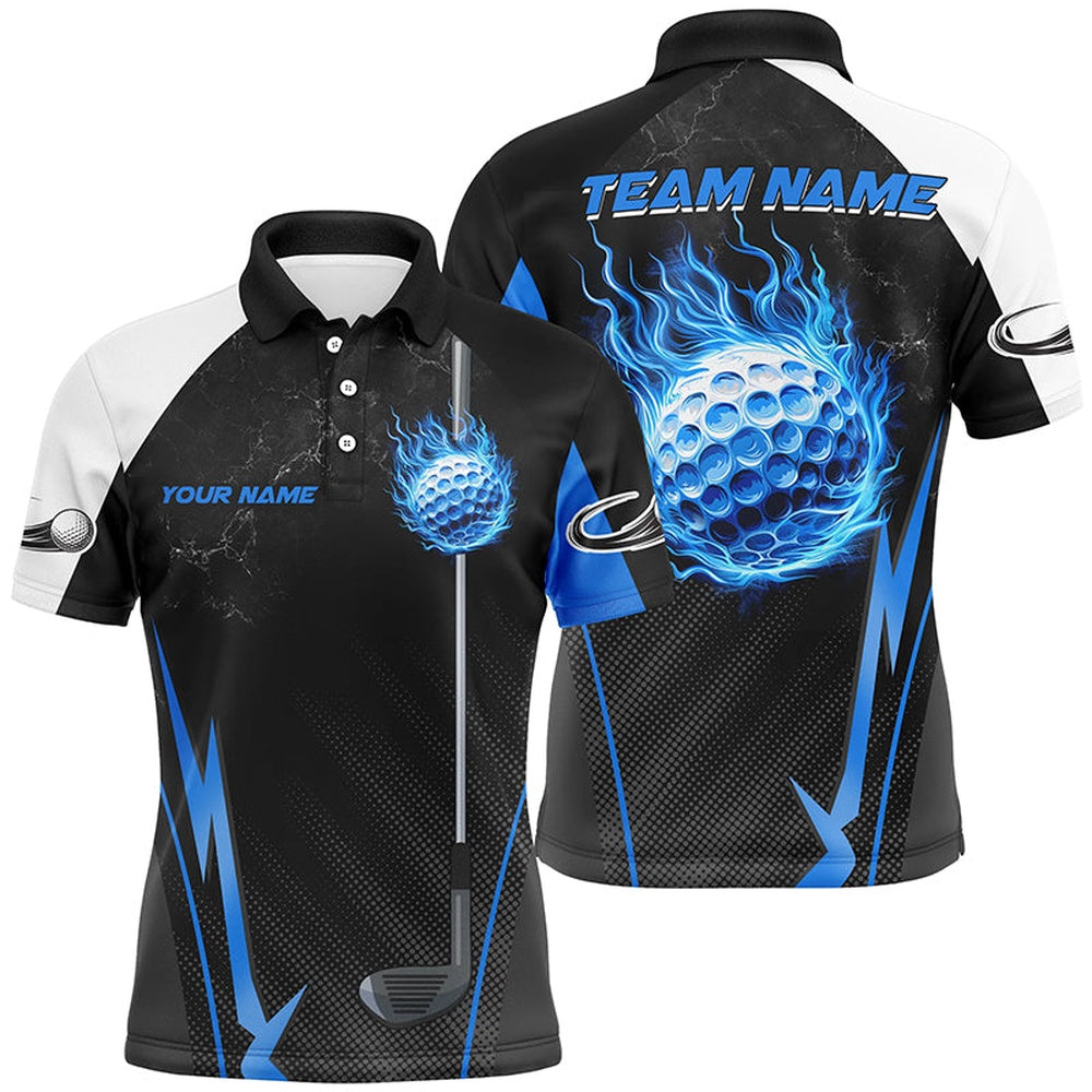 Golf Polo Shirts, Black And White Golf Outfits Men Custom Blue Flame Golf Ball Mens Golf Polo Shirts, Custom Golf Shirts