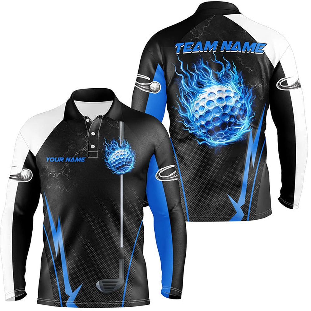 Golf Polo Shirts, Black And White Golf Outfits Men Custom Blue Flame Golf Ball Mens Golf Polo Shirts, Custom Golf Shirts