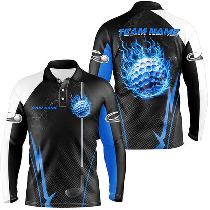 Golf Polo Shirts, Black And White Golf Outfits Men Custom Blue Flame Golf Ball Mens Golf Polo Shirts, Custom Golf Shirts