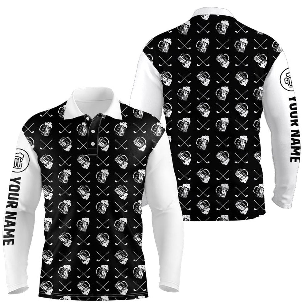 Golf Polo Shirts, Black And White Golf Pattern Mens Golf Polo Shirts Custom Name Golf Beer Outfit Men Golf Clothes, Custom Golf Shirts