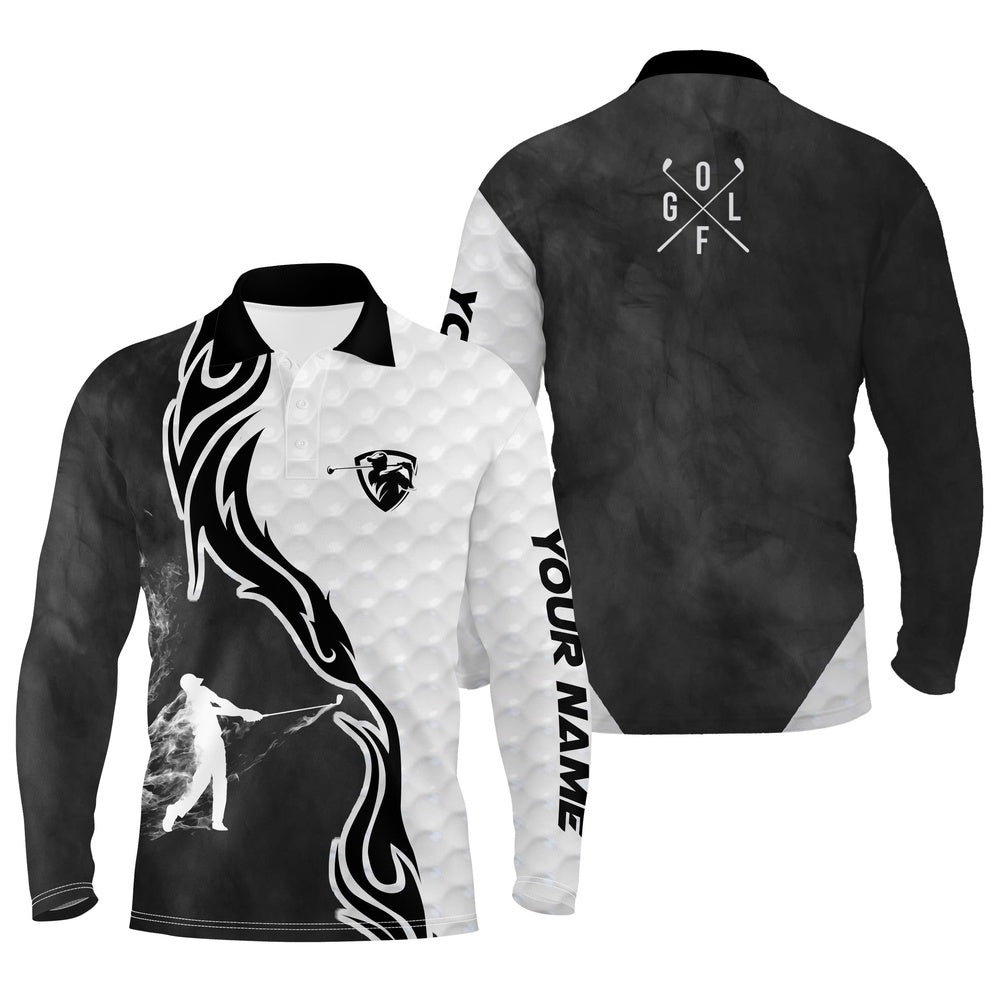 Golf Polo Shirts, Black And White Golf Player Long Sleeve Golf Polo Shirts For Mens Custom Name Golfer Gifts, Custom Golf Shirts