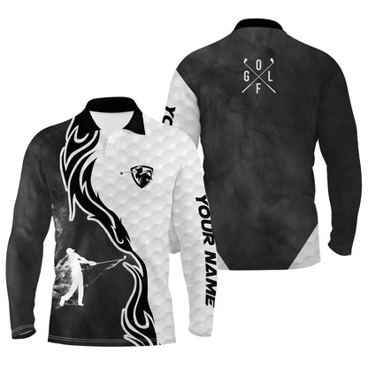 Golf Polo Shirts, Black And White Golf Player Long Sleeve Golf Polo Shirts For Mens Custom Name Golfer Gifts, Custom Golf Shirts