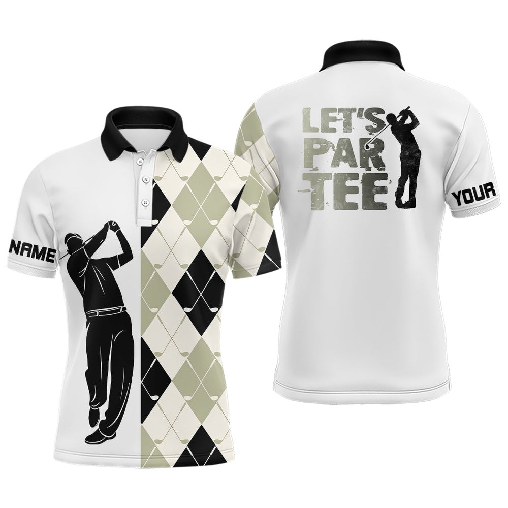 Golf Polo Shirts, Black And White Golf Shirt Argyle Pattern Golf Clubs Custom Name Mens Golf Polo Shirt Let'S Par Tee, Custom Golf Shirts
