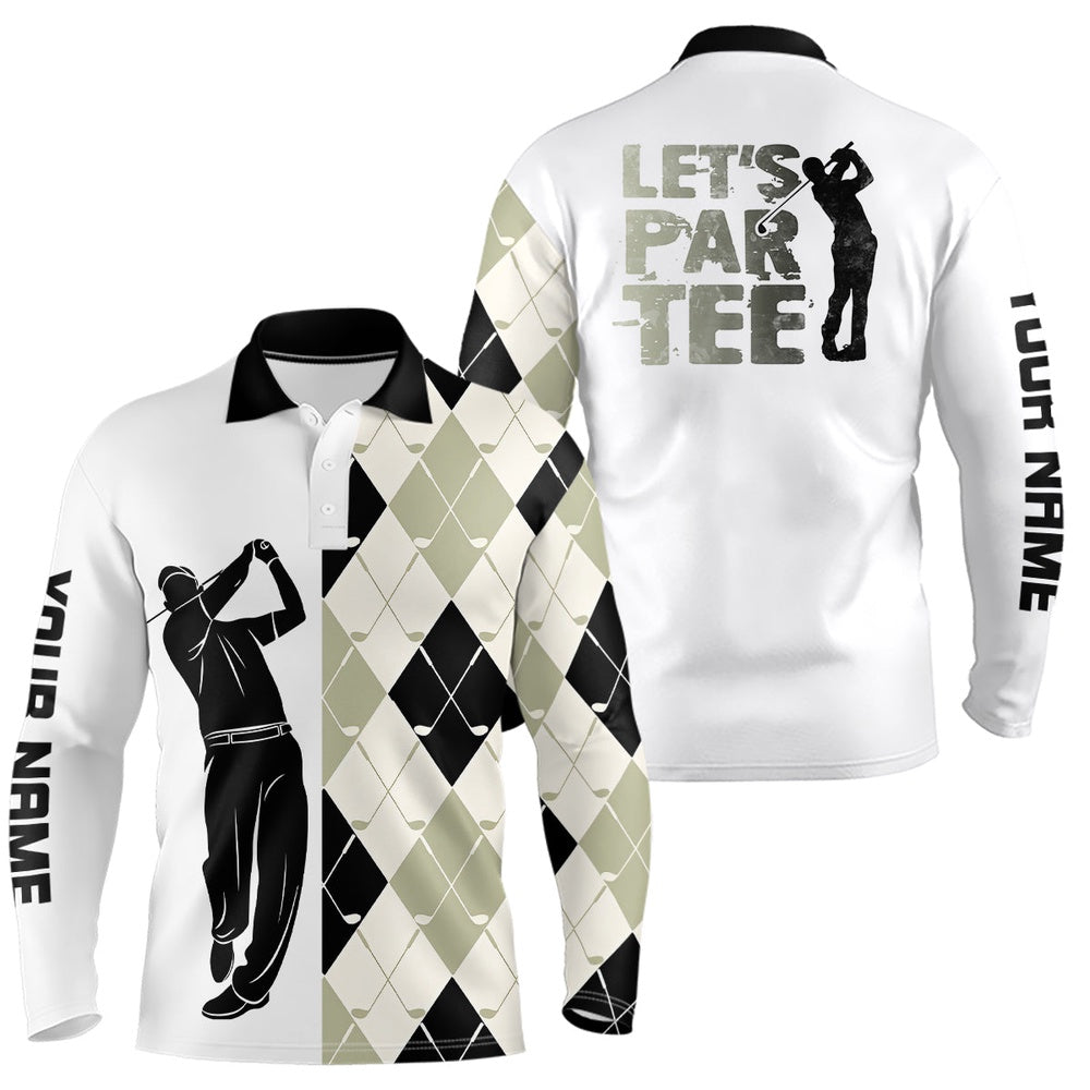 Golf Polo Shirts, Black And White Golf Shirt Argyle Pattern Golf Clubs Custom Name Mens Golf Polo Shirt Let'S Par Tee, Custom Golf Shirts
