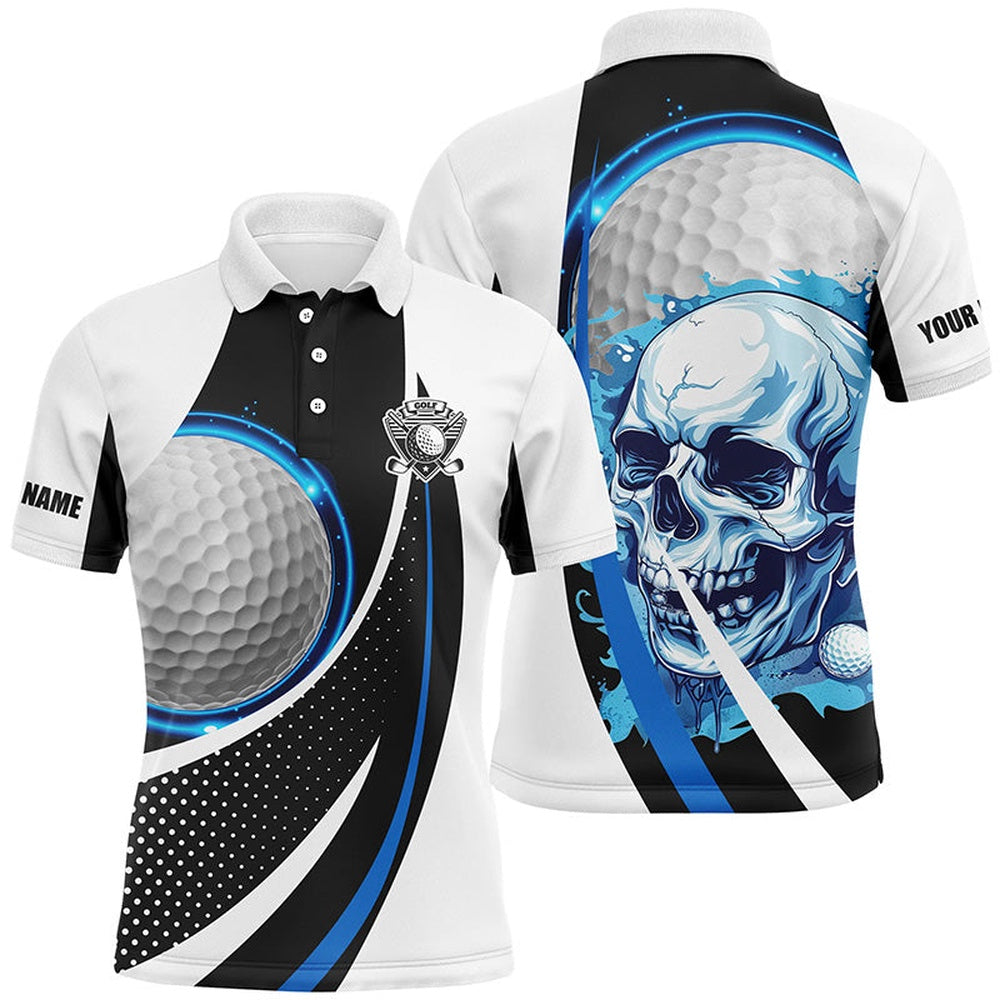 Golf Polo Shirts, Black And White Golf Skull Mens Golf Polo Shirt Custom Golf Attire For Men, Gifts For Golfer Blue, Custom Golf Shirts