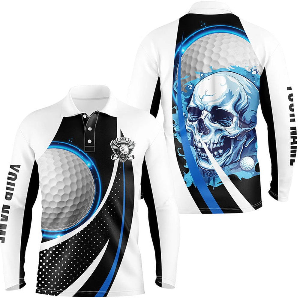 Golf Polo Shirts, Black And White Golf Skull Mens Golf Polo Shirt Custom Golf Attire For Men, Gifts For Golfer Blue, Custom Golf Shirts