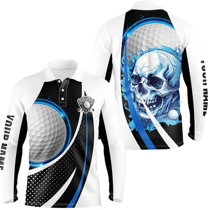 Golf Polo Shirts, Black And White Golf Skull Mens Golf Polo Shirt Custom Golf Attire For Men, Gifts For Golfer Blue, Custom Golf Shirts