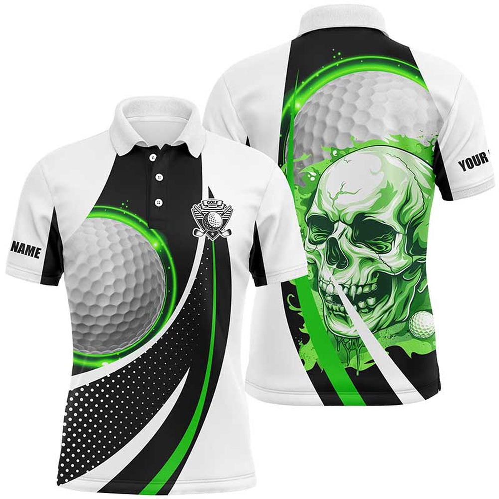 Golf Polo Shirts, Black And White Golf Skull Mens Golf Polo Shirt Custom Golf Attire For Men, Gifts For Golfer Green, Custom Golf Shirts