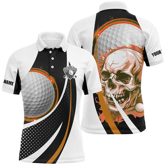 Golf Polo Shirts, Black And White Golf Skull Mens Golf Polo Shirt Custom Golf Attire For Men, Gifts For Golfer Orange, Custom Golf Shirts