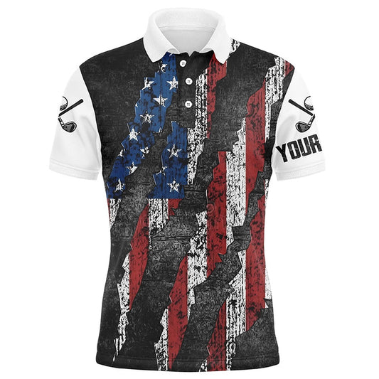 Golf Polo Shirts, Black And White Grunge American Flag Men Golf Polo Shirts Custom Patriotic Golf Apparel For Men, Custom Golf Shirts