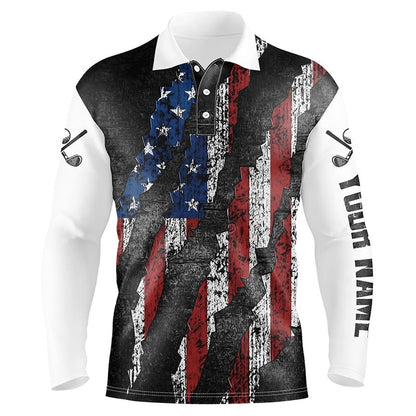 Golf Polo Shirts, Black And White Grunge American Flag Men Golf Polo Shirts Custom Patriotic Golf Apparel For Men, Custom Golf Shirts