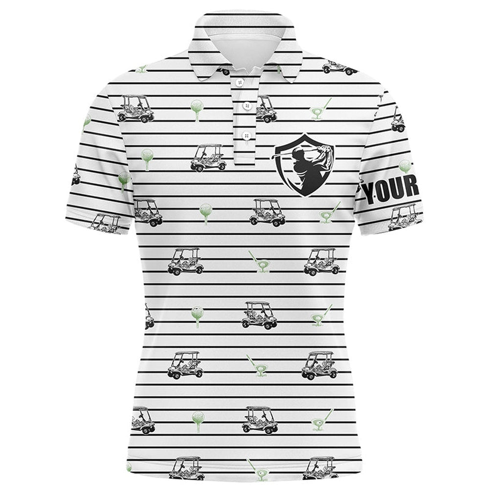 Golf Polo Shirts, Black And White Horizontal Stripes Custom Name Mens Golf Polo Shirt Golf Cart Pattern Mens Golf Wear, Custom Golf Shirts