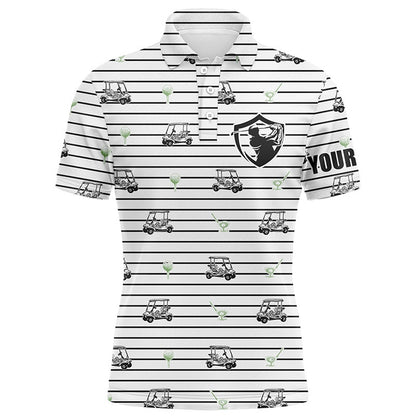 Golf Polo Shirts, Black And White Horizontal Stripes Custom Name Mens Golf Polo Shirt Golf Cart Pattern Mens Golf Wear, Custom Golf Shirts