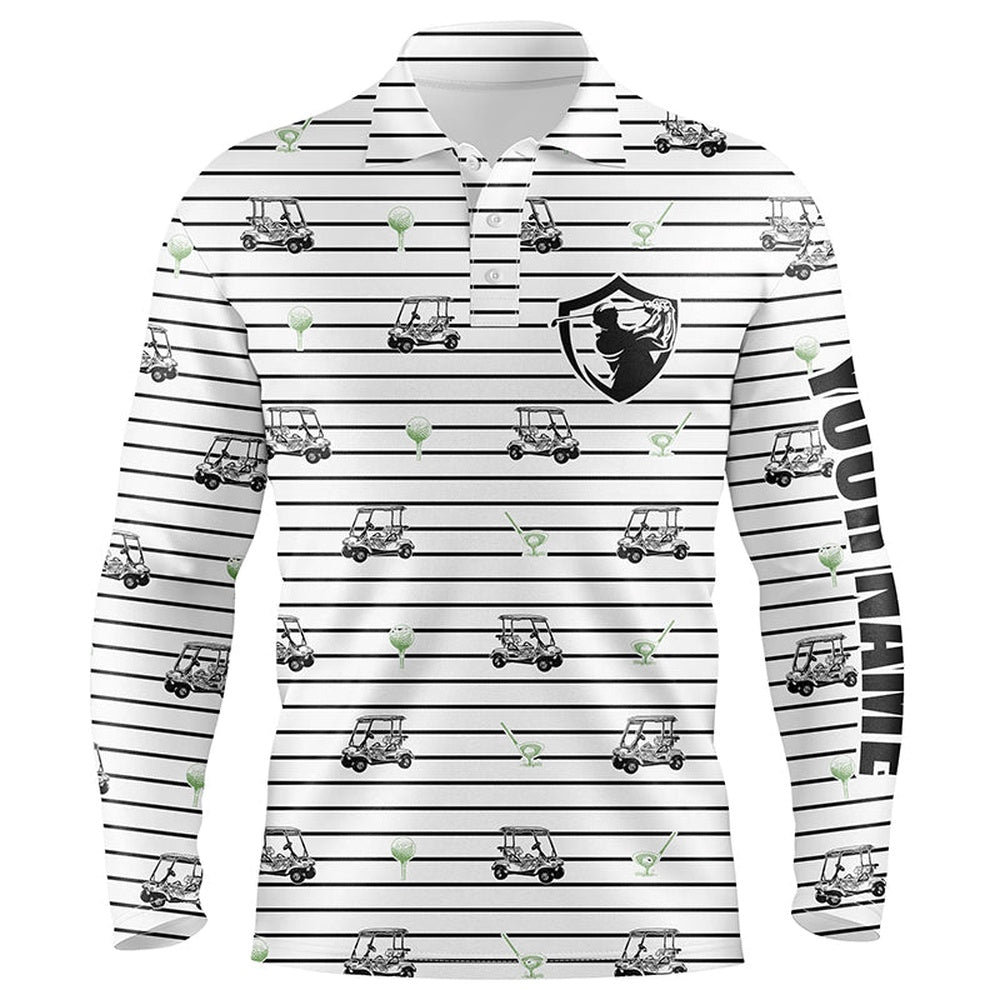 Golf Polo Shirts, Black And White Horizontal Stripes Custom Name Mens Golf Polo Shirt Golf Cart Pattern Mens Golf Wear, Custom Golf Shirts