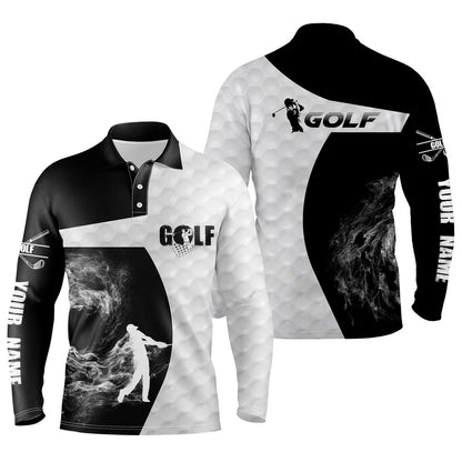 Golf Polo Shirts, Black And White Long Sleeve Golf Polo Shirts For Mens Custom Golf Shirts, Golfer Gifts, Custom Golf Shirts
