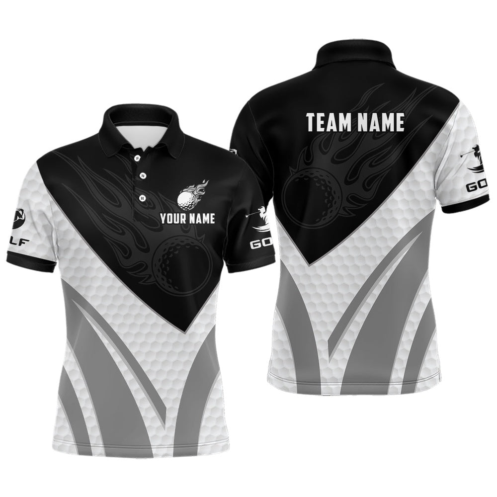 Golf Polo Shirts, Black And White Men Golf Polo Shirts Custom Golf Ball Fire Mens Printed Golf Shirts, Custom Golf Shirts