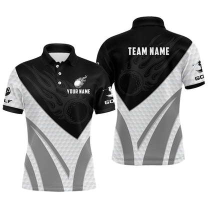 Golf Polo Shirts, Black And White Men Golf Polo Shirts Custom Golf Ball Fire Mens Printed Golf Shirts, Custom Golf Shirts