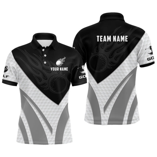 Golf Polo Shirts, Black And White Men Golf Polo Shirts Custom Golf Ball Fire Mens Printed Golf Shirts, Custom Golf Shirts