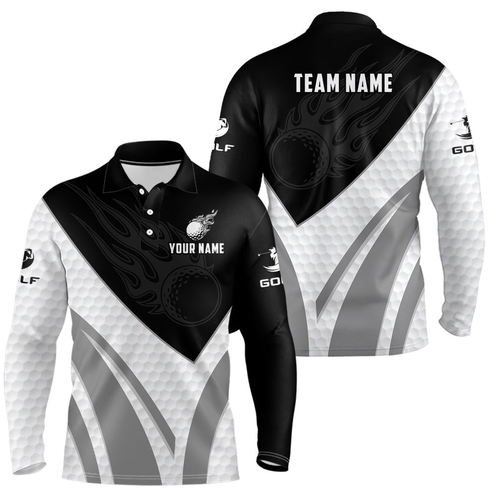 Golf Polo Shirts, Black And White Men Golf Polo Shirts Custom Golf Ball Fire Mens Printed Golf Shirts, Custom Golf Shirts