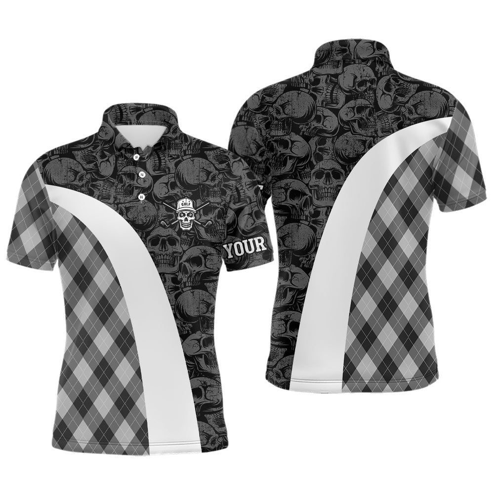 Golf Polo Shirts, Black And White Mens Golf Polo Shirt Custom Skull Argyle Plaid Pattern Golf Shirts For Men, Custom Golf Shirts