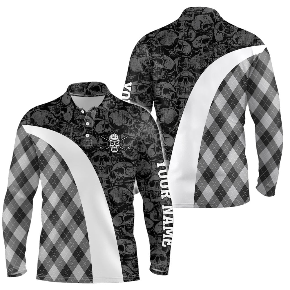 Golf Polo Shirts, Black And White Mens Golf Polo Shirt Custom Skull Argyle Plaid Pattern Golf Shirts For Men, Custom Golf Shirts