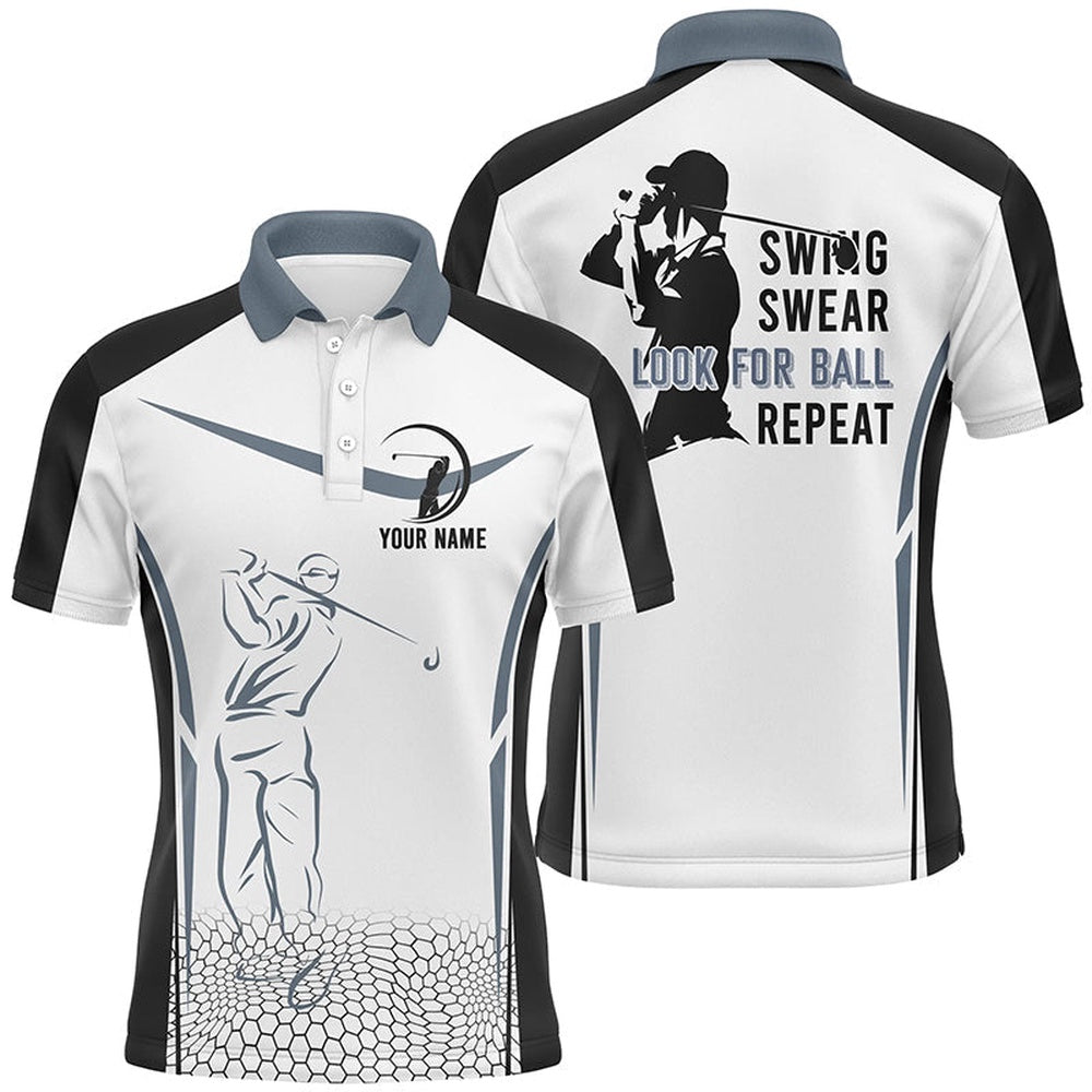 Golf Polo Shirts, Black And White Mens Golf Polo Shirt Custom Swing Swear Look For Ball Repeat Men'S Golf Shirts, Custom Golf Shirts