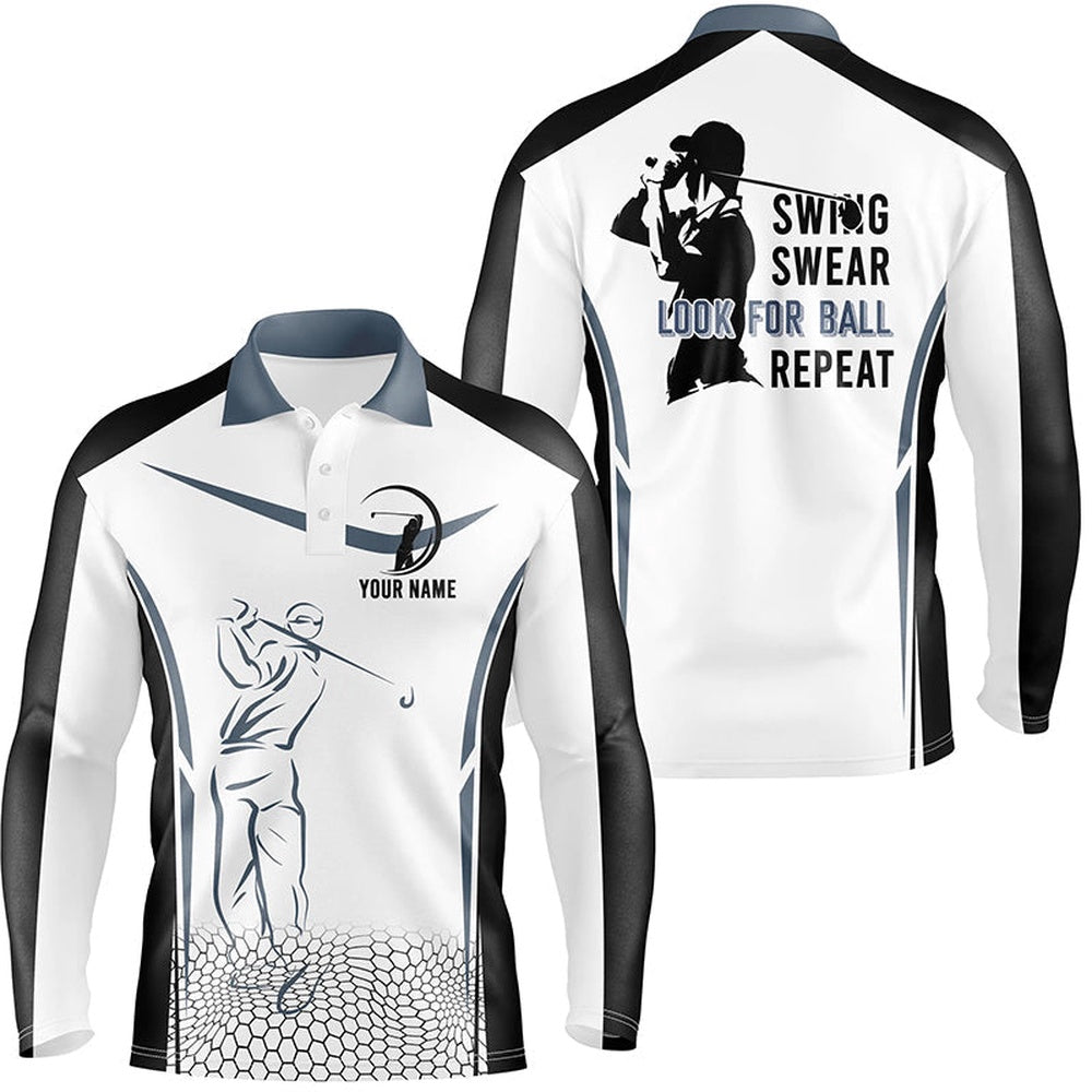 Golf Polo Shirts, Black And White Mens Golf Polo Shirt Custom Swing Swear Look For Ball Repeat Men'S Golf Shirts, Custom Golf Shirts