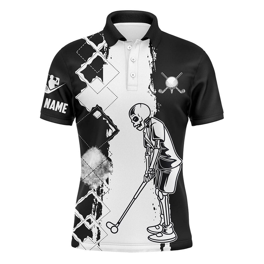 Golf Polo Shirts, Black And White Mens Golf Polo Shirt Golf Skull Custom Name Polo Golf Shirts, Golfer Gift Ideas, Custom Golf Shirts