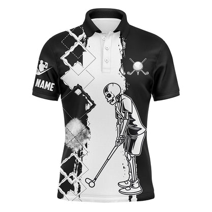 Golf Polo Shirts, Black And White Mens Golf Polo Shirt Golf Skull Custom Name Polo Golf Shirts, Golfer Gift Ideas, Custom Golf Shirts