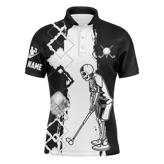 Golf Polo Shirts, Black And White Mens Golf Polo Shirt Golf Skull Custom Name Polo Golf Shirts, Golfer Gift Ideas, Custom Golf Shirts