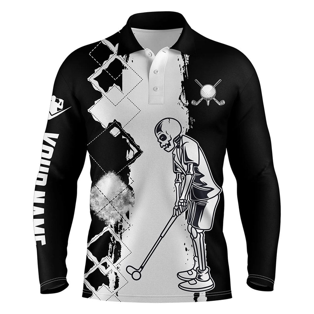 Golf Polo Shirts, Black And White Mens Golf Polo Shirt Golf Skull Custom Name Polo Golf Shirts, Golfer Gift Ideas, Custom Golf Shirts
