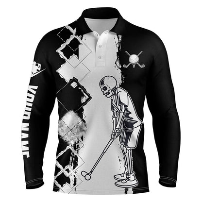 Golf Polo Shirts, Black And White Mens Golf Polo Shirt Golf Skull Custom Name Polo Golf Shirts, Golfer Gift Ideas, Custom Golf Shirts
