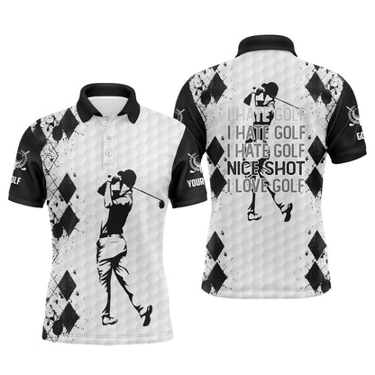 Golf Polo Shirts, Black And White Mens Golf Polo Shirt I Hate Golf Nice Shot I Love Golf Custom Name Funny Golf Gifts, Custom Golf Shirts