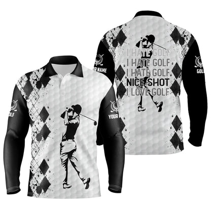 Golf Polo Shirts, Black And White Mens Golf Polo Shirt I Hate Golf Nice Shot I Love Golf Custom Name Funny Golf Gifts, Custom Golf Shirts