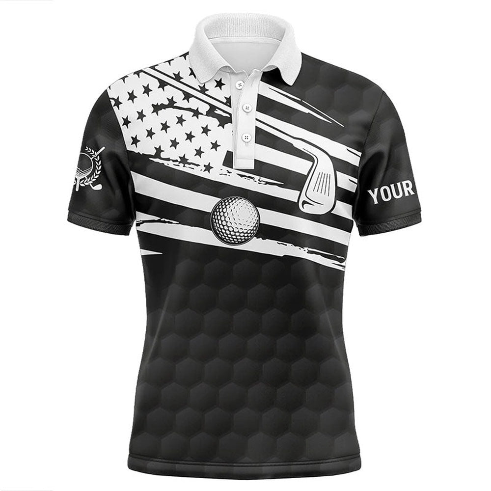 Golf Polo Shirts, Black And White Mens Golf Polo Shirts Custom American Flag Team Golf Shirts, Patriot Golf Tops For Men, Custom Golf Shirts