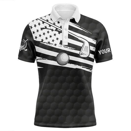 Golf Polo Shirts, Black And White Mens Golf Polo Shirts Custom American Flag Team Golf Shirts, Patriot Golf Tops For Men, Custom Golf Shirts