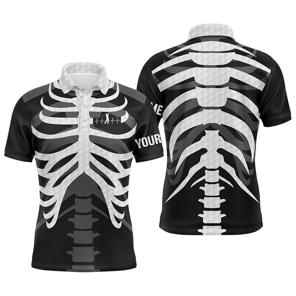 Golf Polo Shirts, Black And White Mens Golf Polo Shirts Custom Golf Heartbeat Skeleton Halloween Golf Attire For Men, Custom Golf Shirts