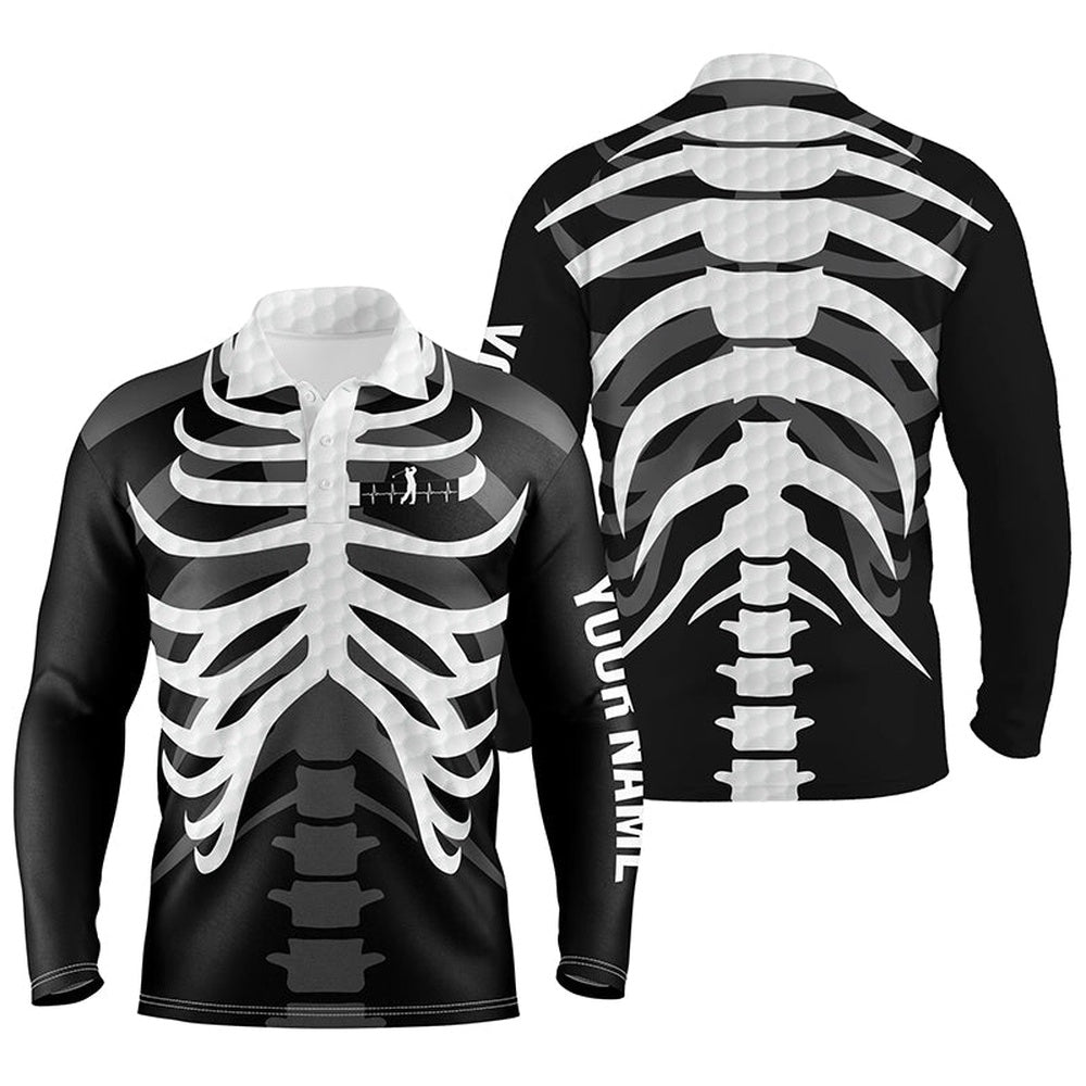 Golf Polo Shirts, Black And White Mens Golf Polo Shirts Custom Golf Heartbeat Skeleton Halloween Golf Attire For Men, Custom Golf Shirts