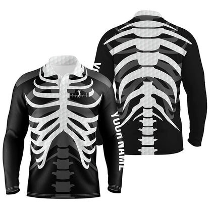 Golf Polo Shirts, Black And White Mens Golf Polo Shirts Custom Golf Heartbeat Skeleton Halloween Golf Attire For Men, Custom Golf Shirts