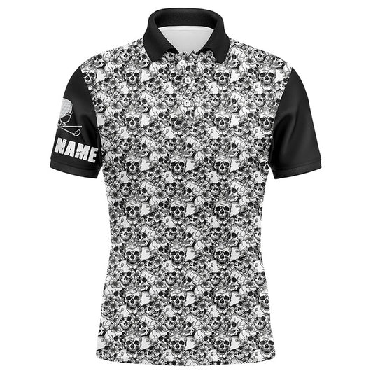 Golf Polo Shirts, Black And White Mens Golf Polo Shirts Custom Name Skull Pattern Men'S Golf Outfit, Custom Golf Shirts