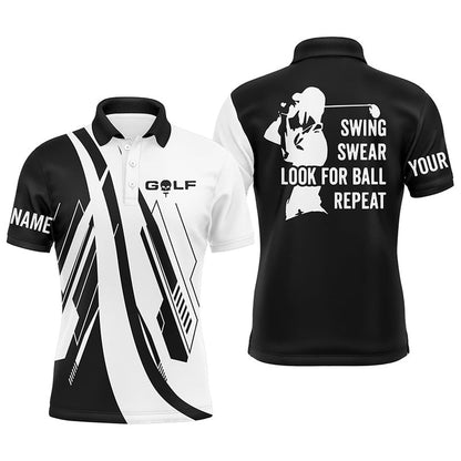 Golf Polo Shirts, Black And White Mens Golf Polo Shirts Custom Name Swing Swear Look For Ball Repeat Golf Shirt For Mens, Custom Golf Shirts