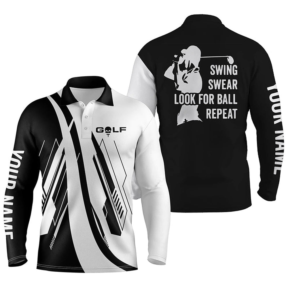 Golf Polo Shirts, Black And White Mens Golf Polo Shirts Custom Name Swing Swear Look For Ball Repeat Golf Shirt For Mens, Custom Golf Shirts