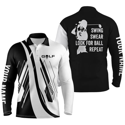 Golf Polo Shirts, Black And White Mens Golf Polo Shirts Custom Name Swing Swear Look For Ball Repeat Golf Shirt For Mens, Custom Golf Shirts