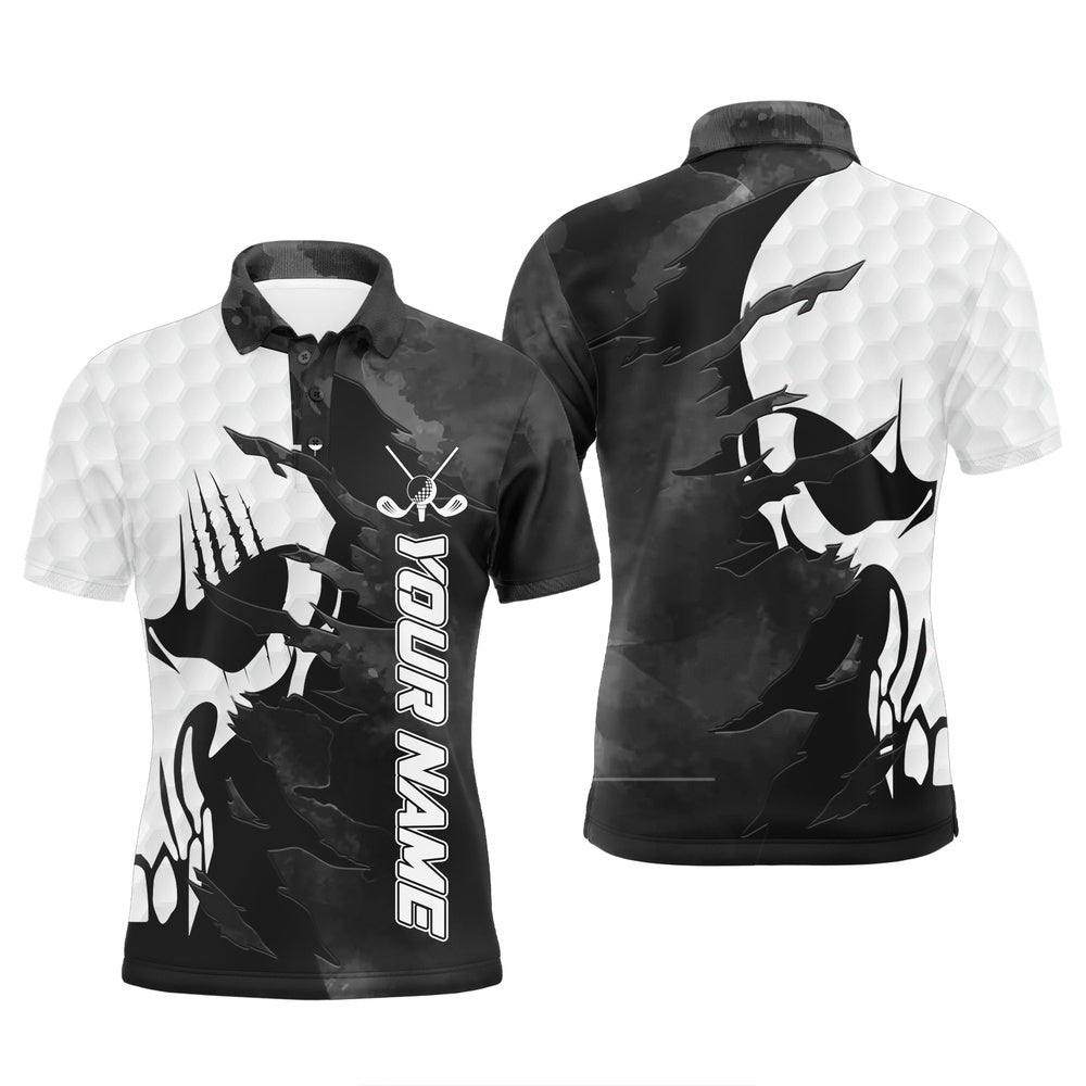 Golf Polo Shirts, Black And White Mens Golf Polos Shirts Custom Name Golf Skull Shirts For Men, Custom Golf Shirts