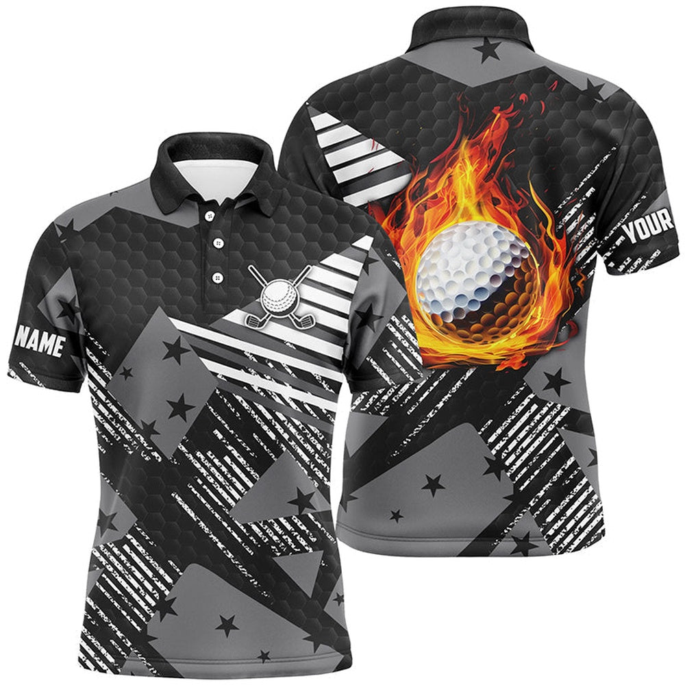 Golf Polo Shirts, Black And White Pattern Flame Golf Ball Mens Polo Shirt Custom Golf Shirts For Men, Custom Golf Shirts